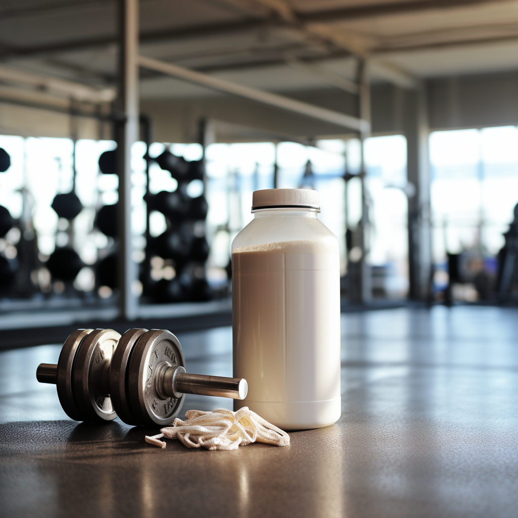 Find out how a creamy, thick Isagenix protein shake can be your best companion post-workout. Featured in a gym setting this shake is essential for optimal muscle recovery. Transparent sports bottle filled with a creamy Isagenix shake placed in a gym setting, surrounded by barbells, weights, and a towel, under studio lighting